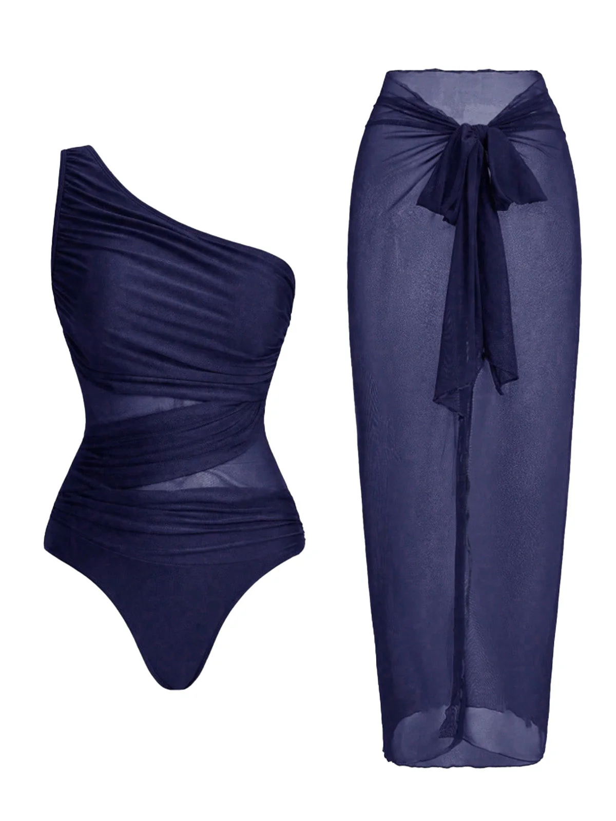 1950s One-Shoulder Ruched Tummy Control One-Piece Swimsuit & Cover-Up - Image 3