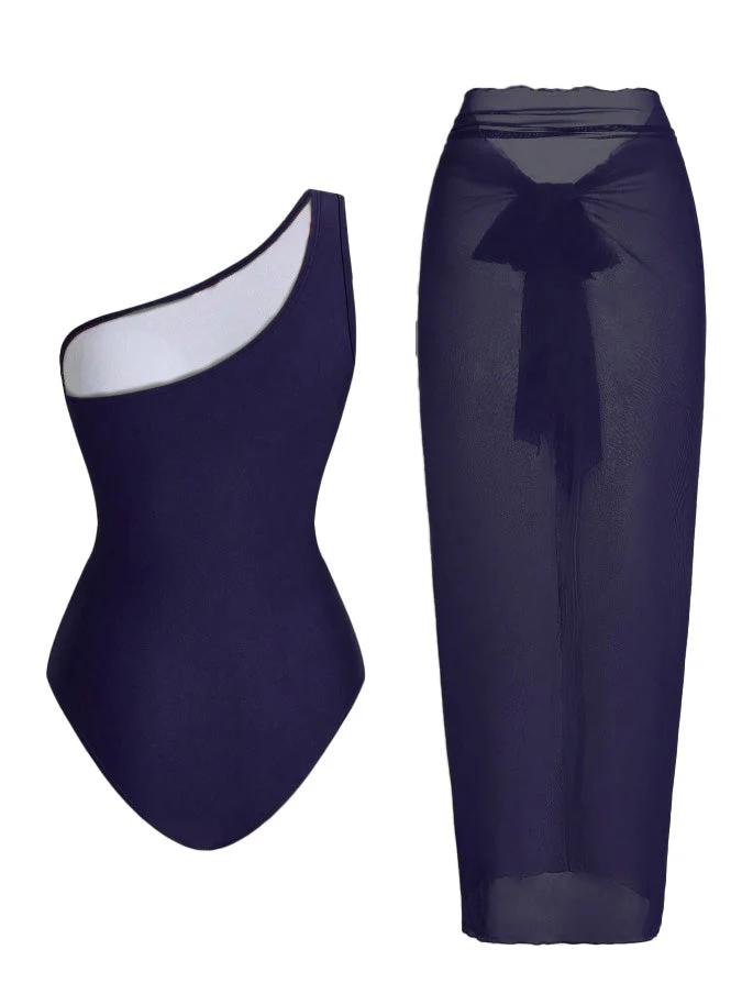 1950s One-Shoulder Ruched Tummy Control One-Piece Swimsuit & Cover-Up - Image 4