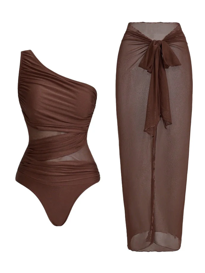 1950s One-Shoulder Ruched Tummy Control One-Piece Swimsuit & Cover-Up - Image 5