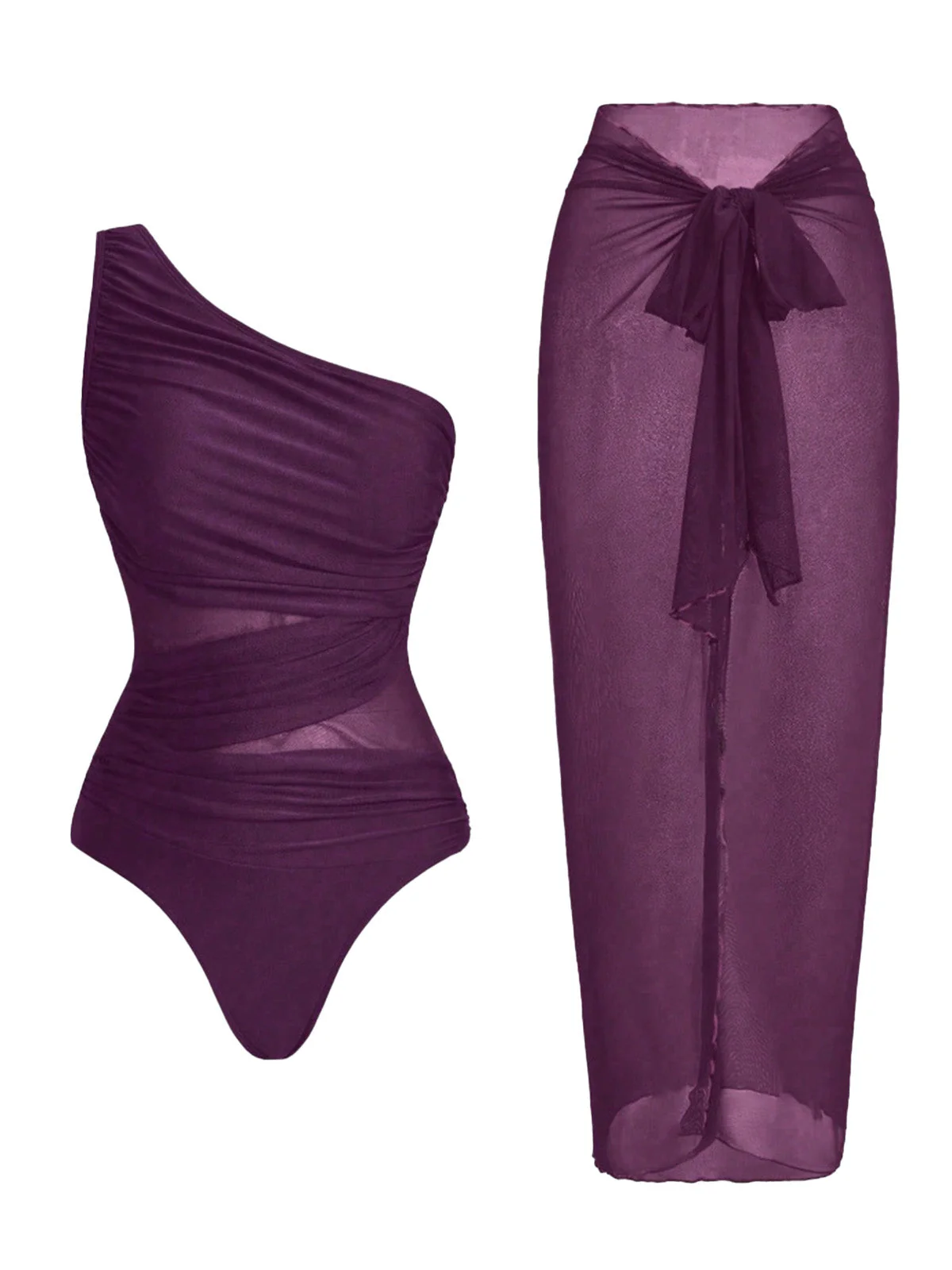 1950s One-Shoulder Ruched Tummy Control One-Piece Swimsuit & Cover-Up - Image 7