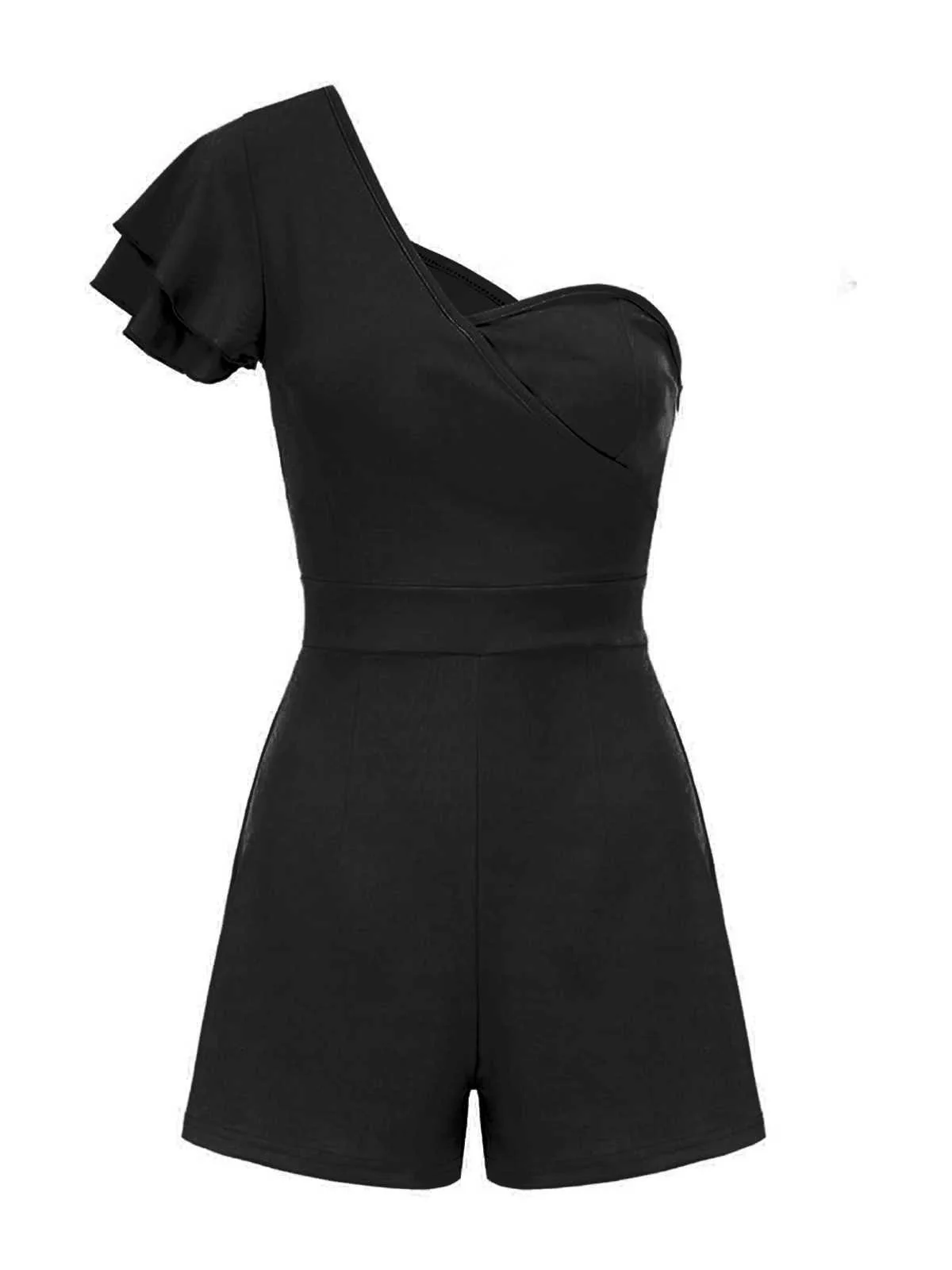 1950s One Shoulder Ruffles Solid Romper - Image 6