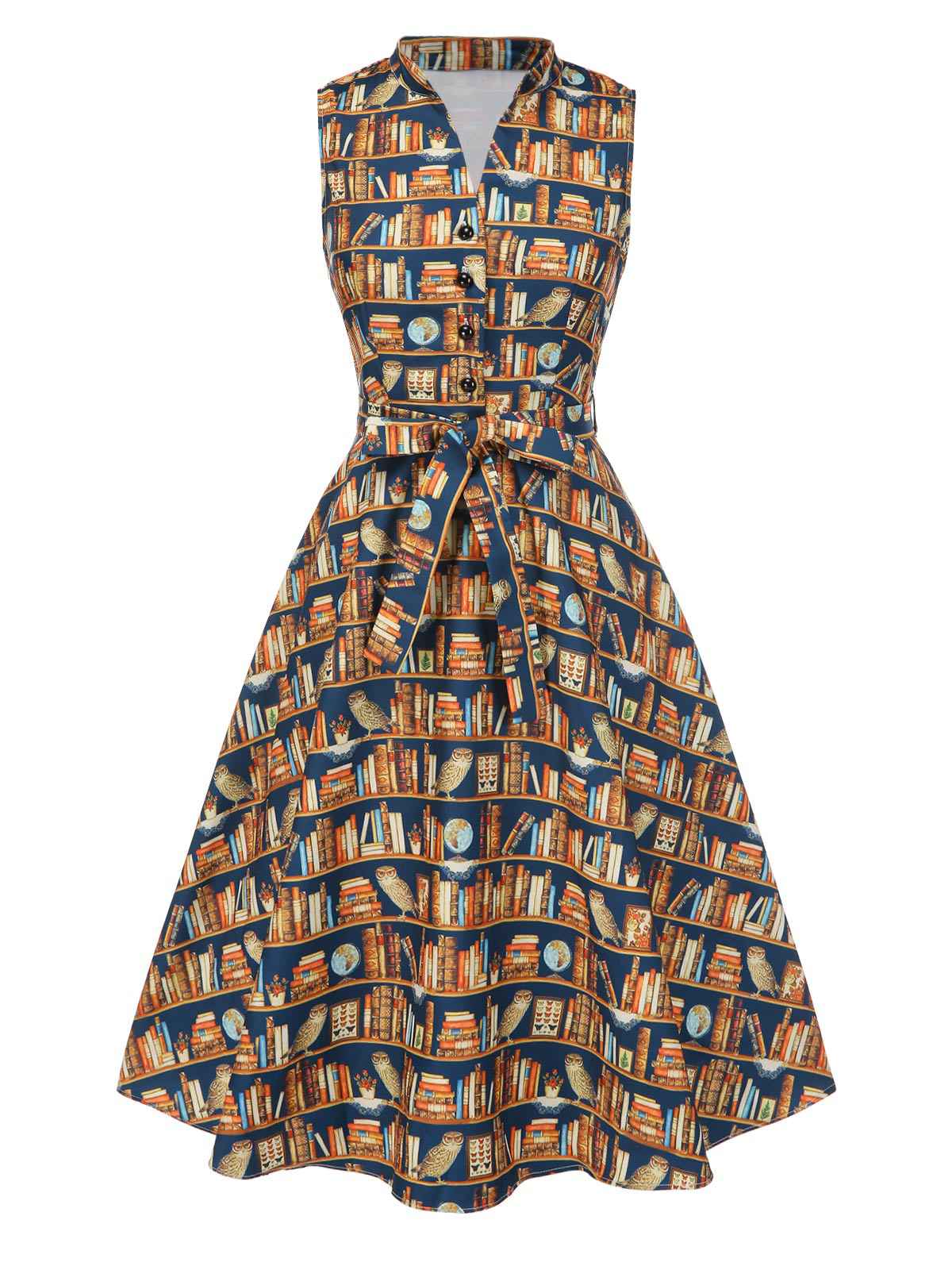 1950s Owl Bookshelf Print Stand Collar Dress - Image 2
