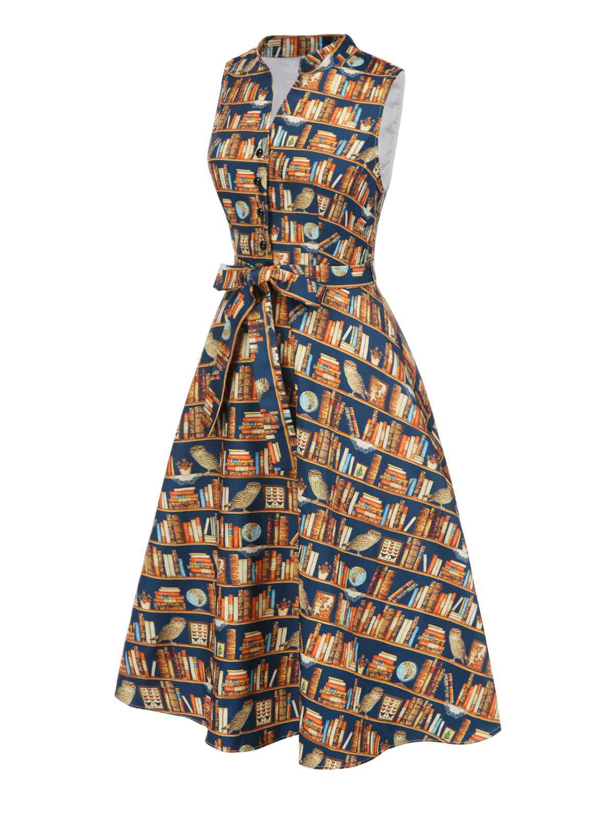 1950s Owl Bookshelf Print Stand Collar Dress - Image 3