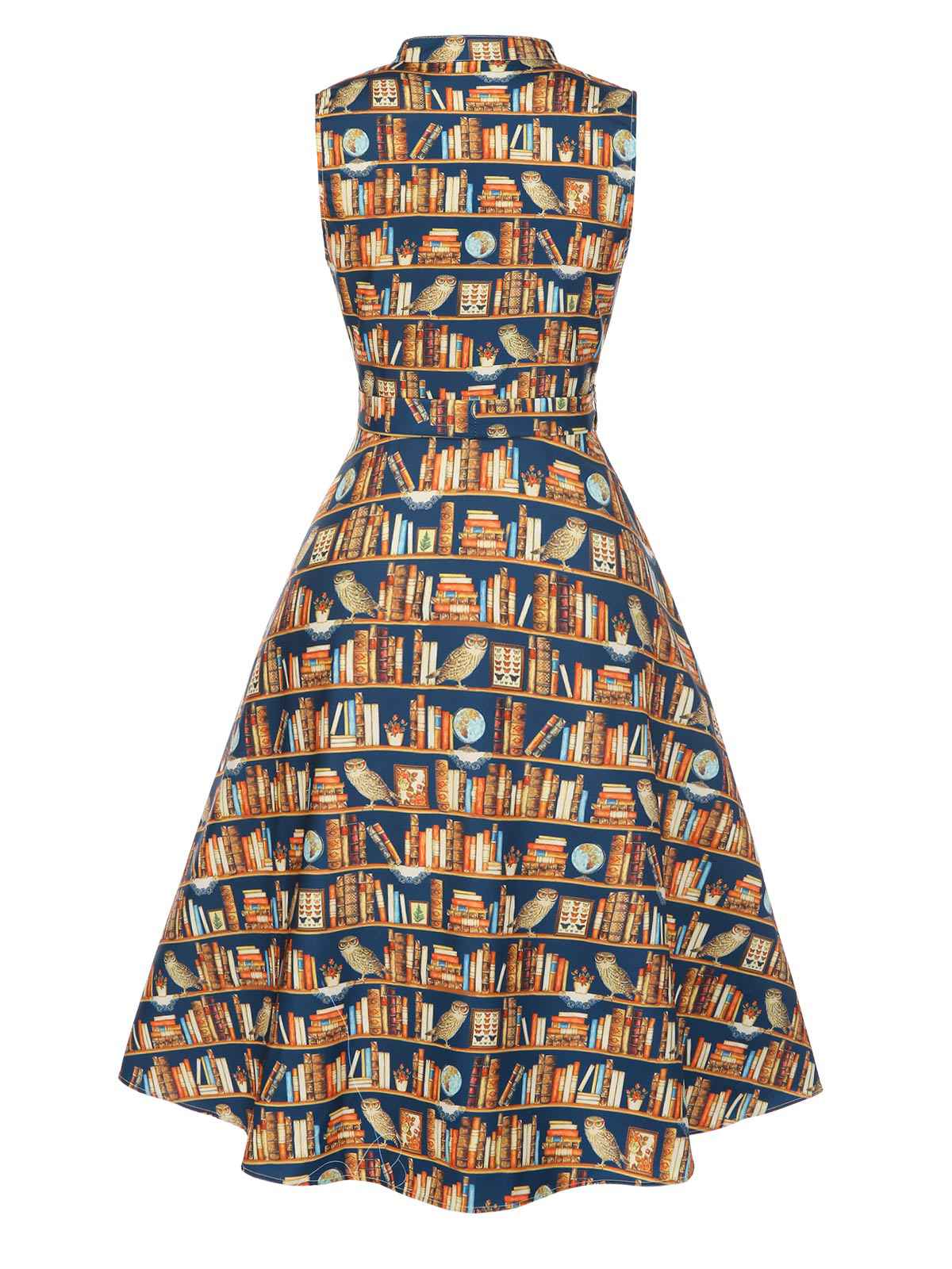 1950s Owl Bookshelf Print Stand Collar Dress - Image 4