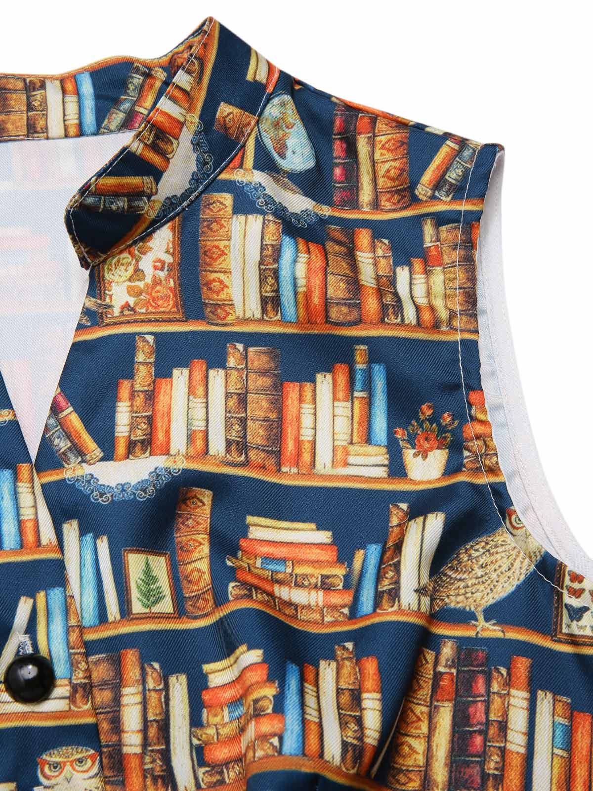 1950s Owl Bookshelf Print Stand Collar Dress - Image 5