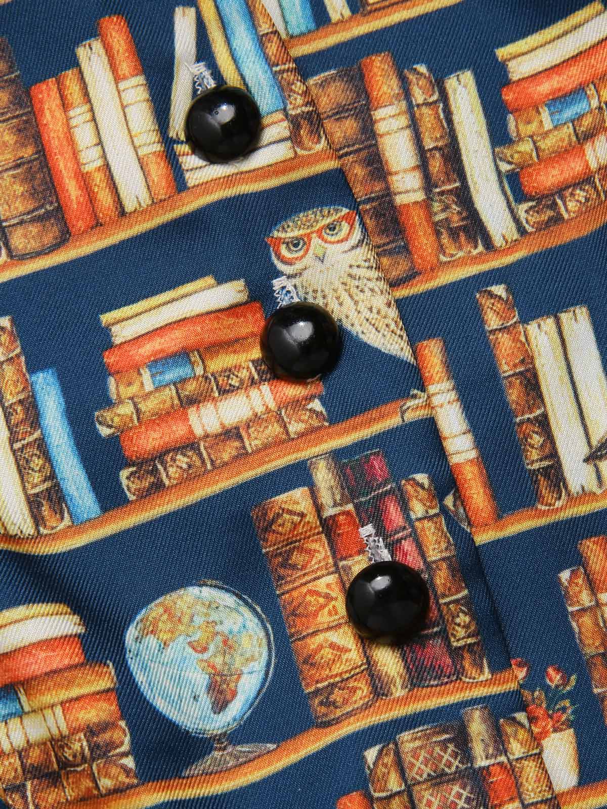 1950s Owl Bookshelf Print Stand Collar Dress - Image 6