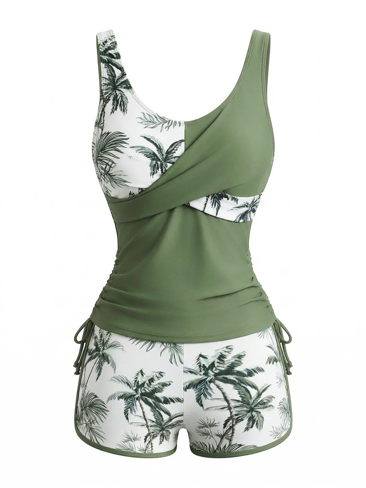 1950s Palm Tree Criss Cross Colorblock Tankini Set - Image 3