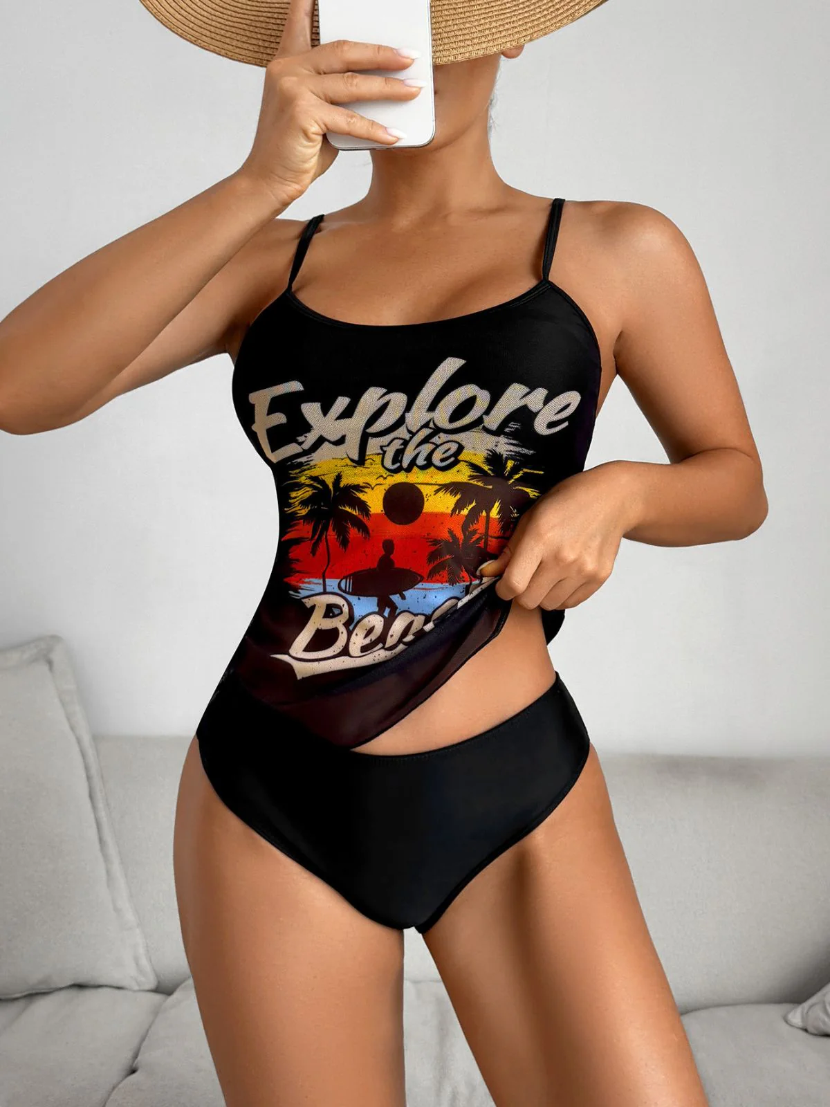 1950s Palm Tree Spaghetti Strap Mesh Tankini Set - Image 2