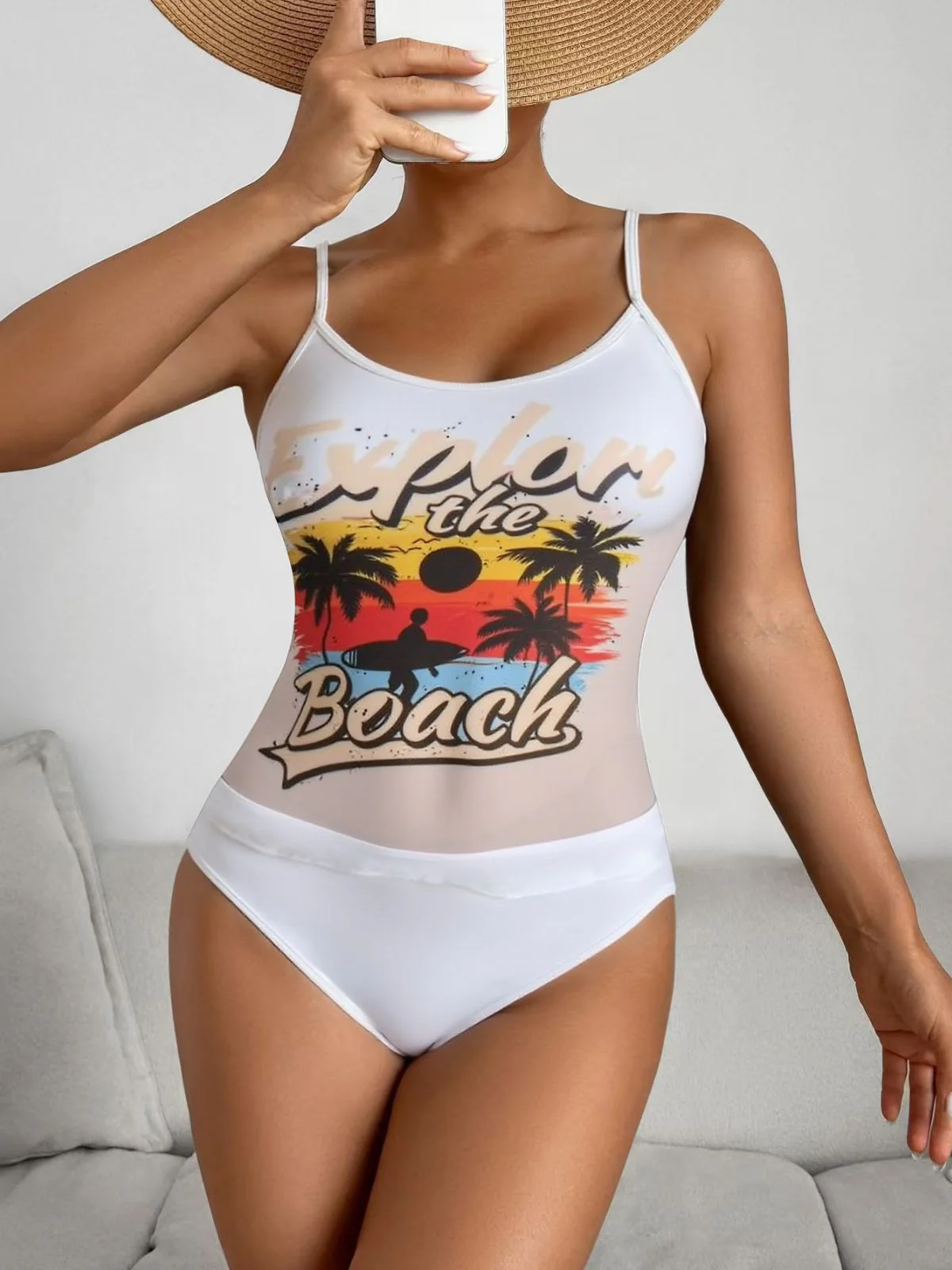 1950s Palm Tree Spaghetti Strap Mesh Tankini Set - Image 7