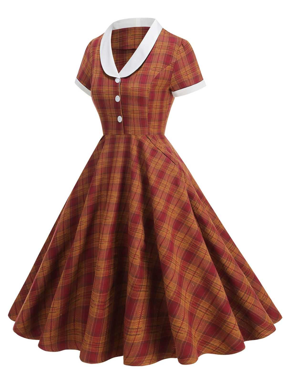 1950s Peter Pan Collar Plaid Swing Dress - Image 2