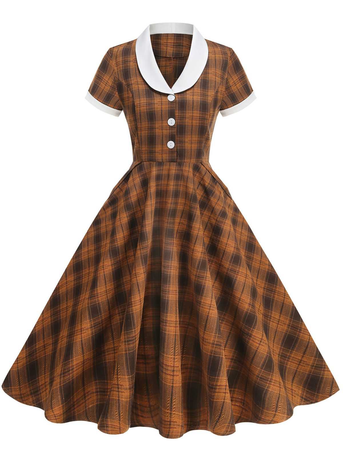 1950s Peter Pan Collar Plaid Swing Dress - Image 6