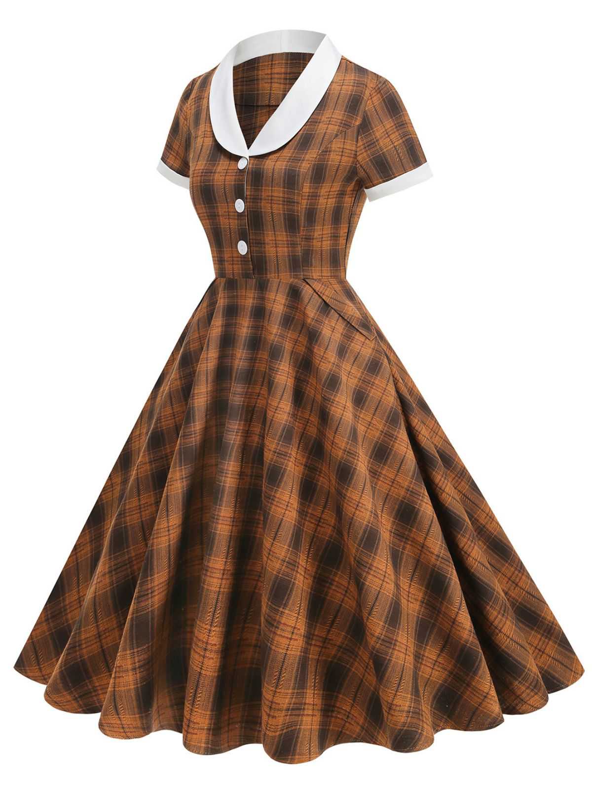 1950s Peter Pan Collar Plaid Swing Dress - Image 7