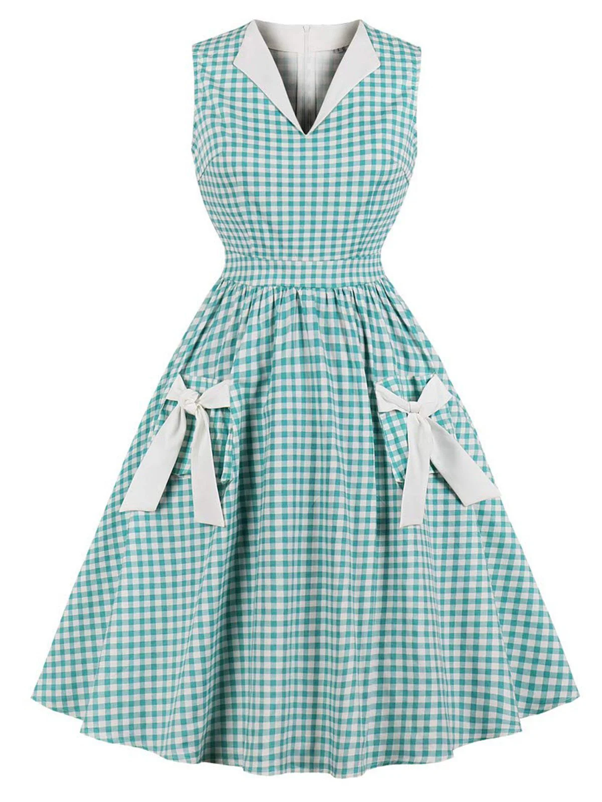 1950s Plaid Bow Pockets Lapel Dress - Image 2