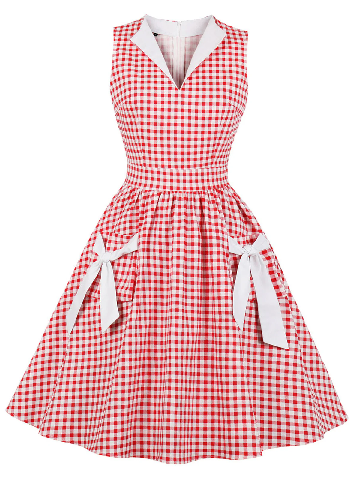 1950s Plaid Bow Pockets Lapel Dress - Image 3