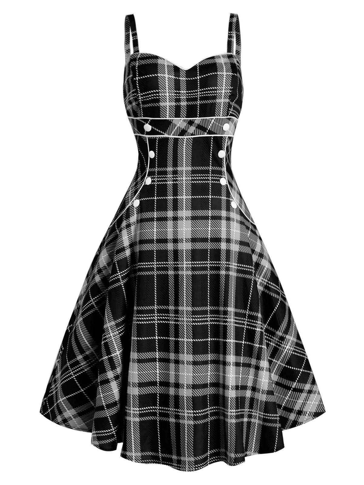1950s Plaid Button Strap Swing Dress - Image 4
