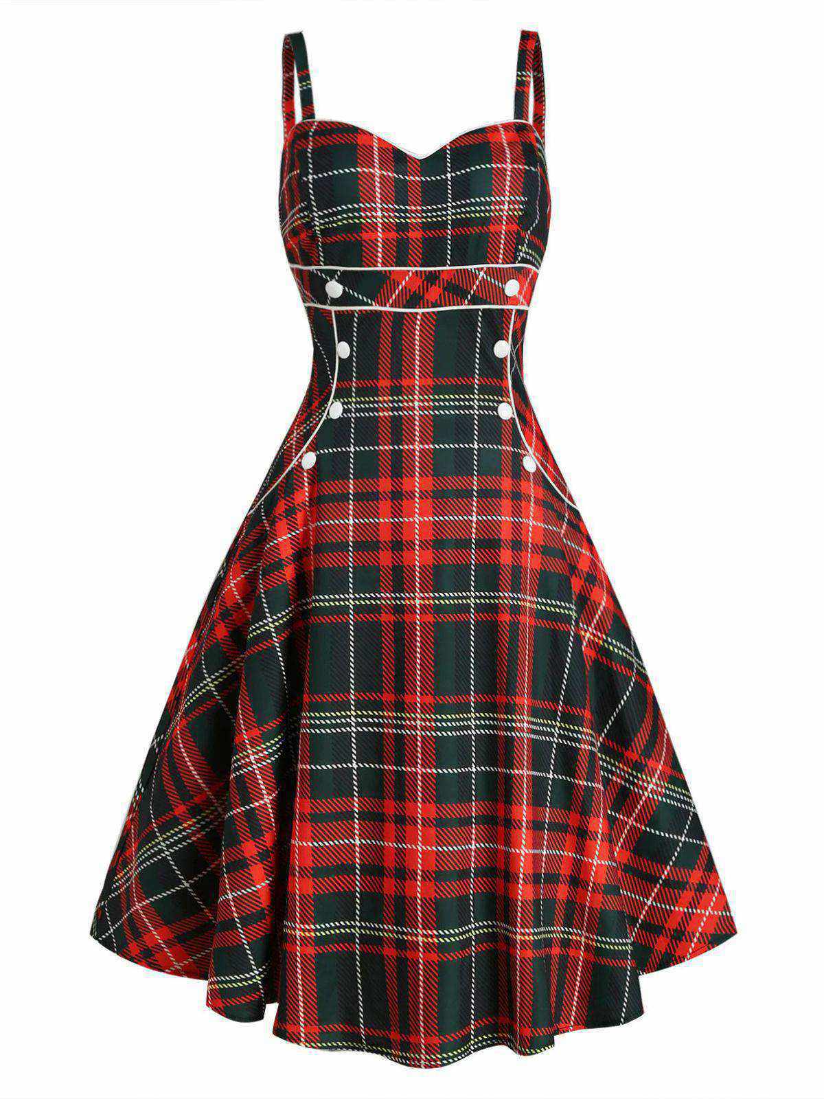 1950s Plaid Button Strap Swing Dress - Image 5