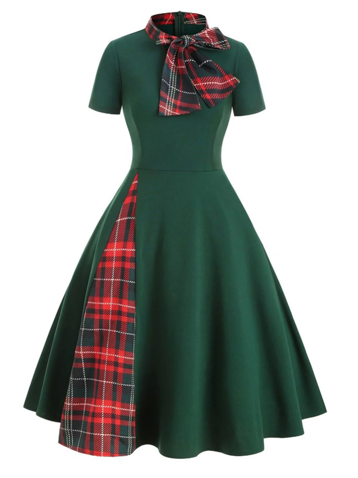 1950s Plaid Patchwork Bow Swing Dress - Image 2