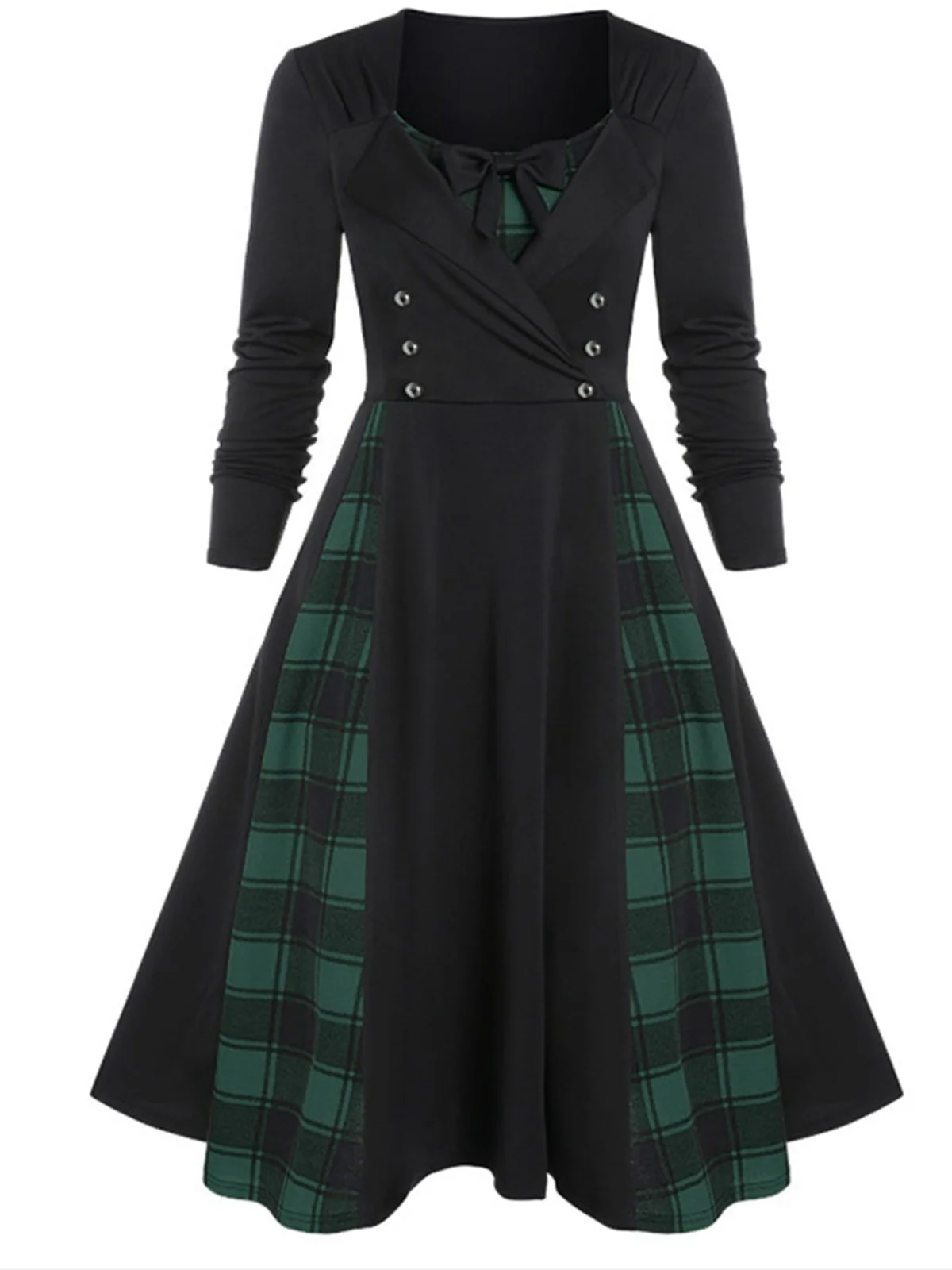 1950s Plaid Patchwork Gothic Pleated Dress - Image 4