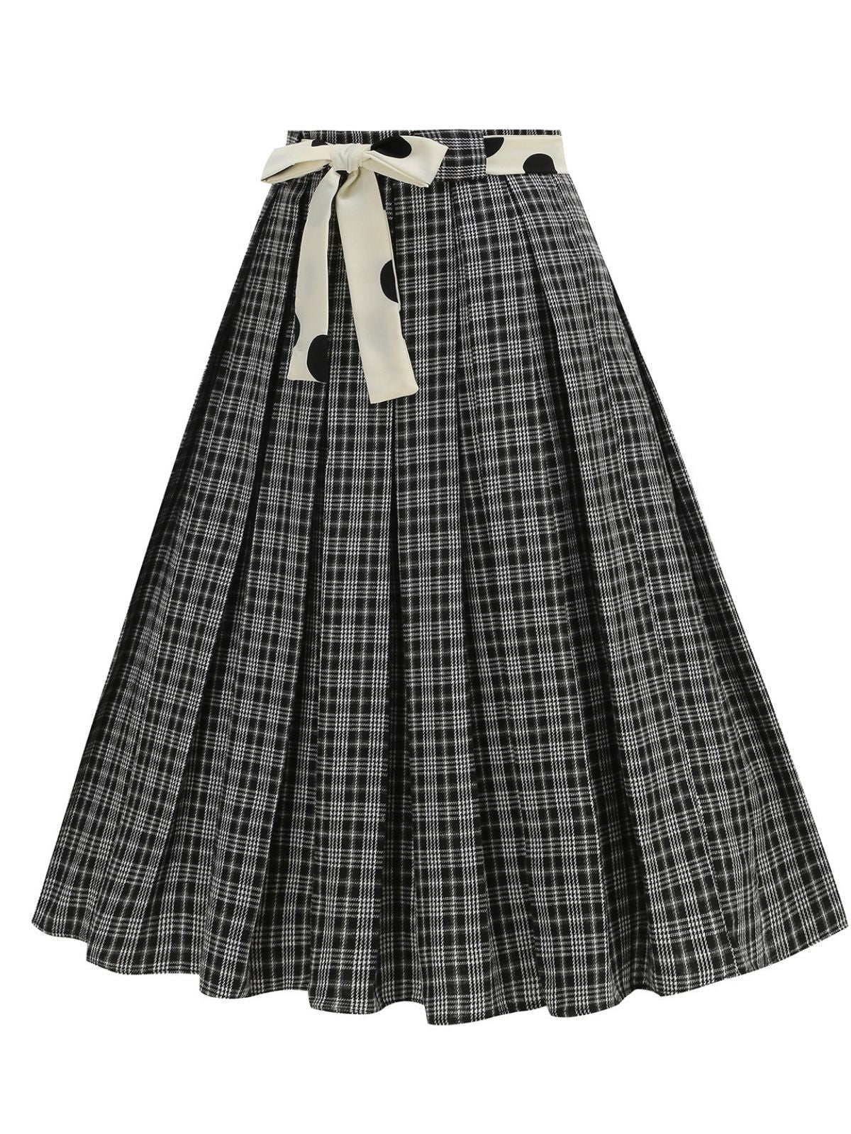 1950s Polka Dot Belt Plaid Pleated Skirt - Image 10