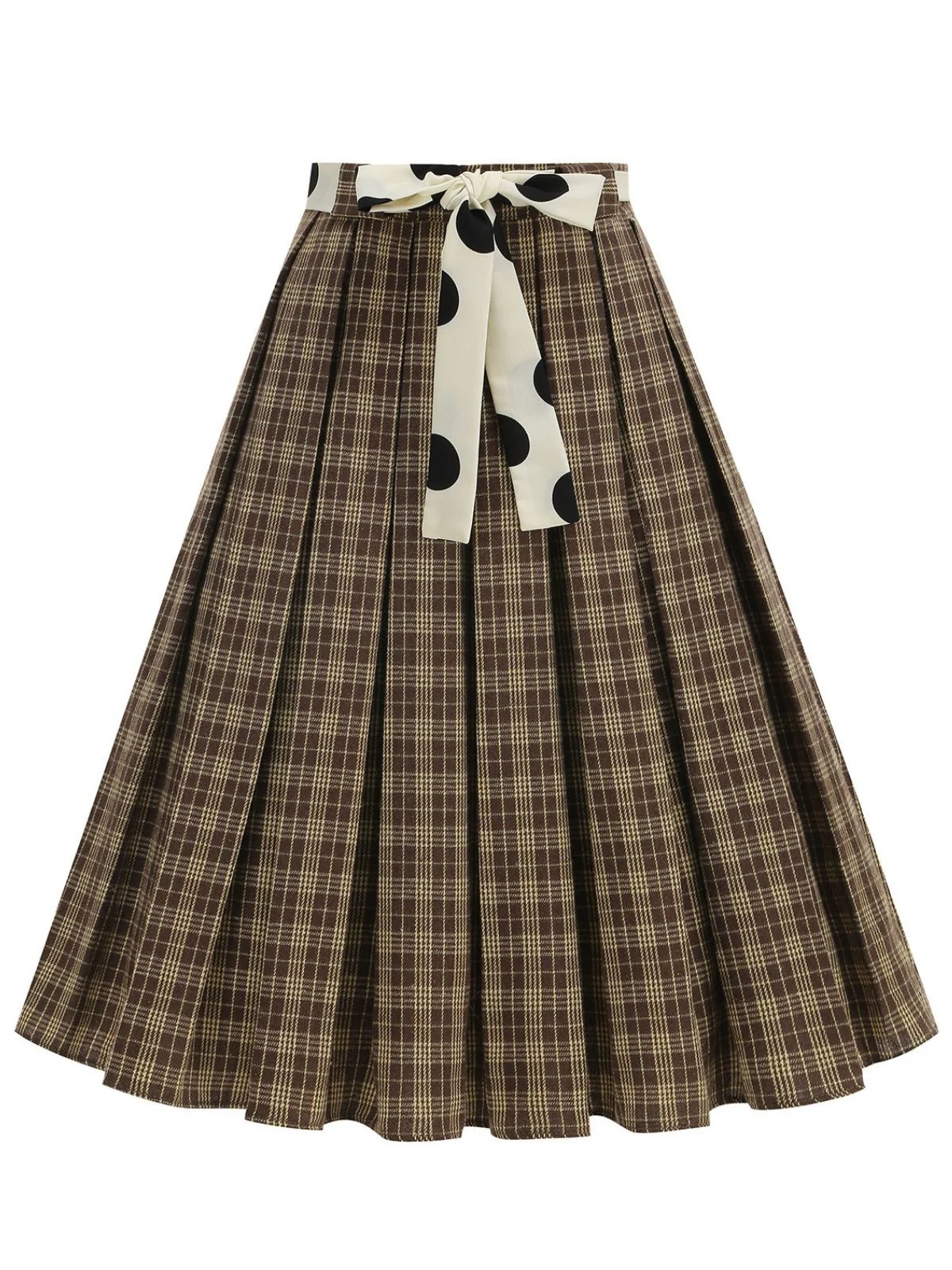 1950s Polka Dot Belt Plaid Pleated Skirt - Image 2