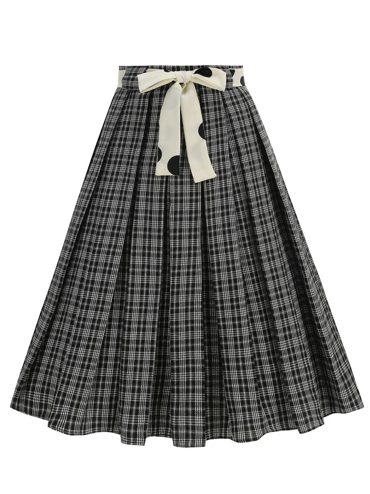 1950s Polka Dot Belt Plaid Pleated Skirt - Image 3