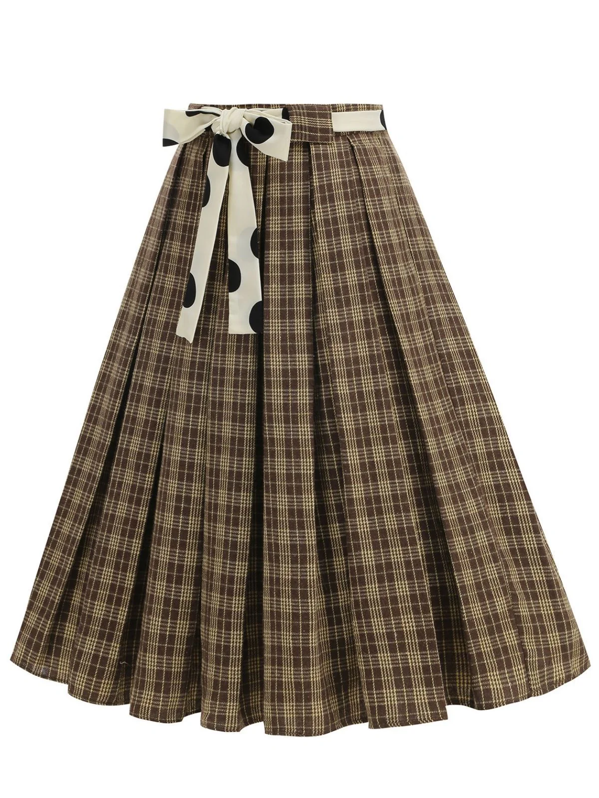 1950s Polka Dot Belt Plaid Pleated Skirt - Image 8