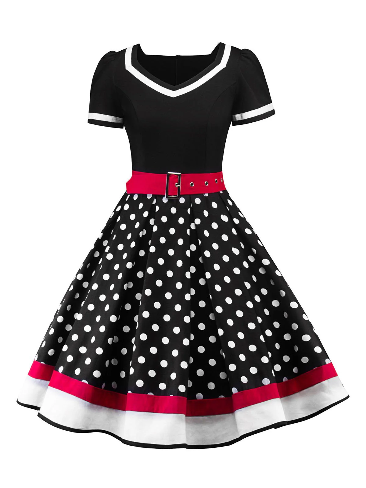 1950s Polka Dot Belted Patchwork Dress - Image 2