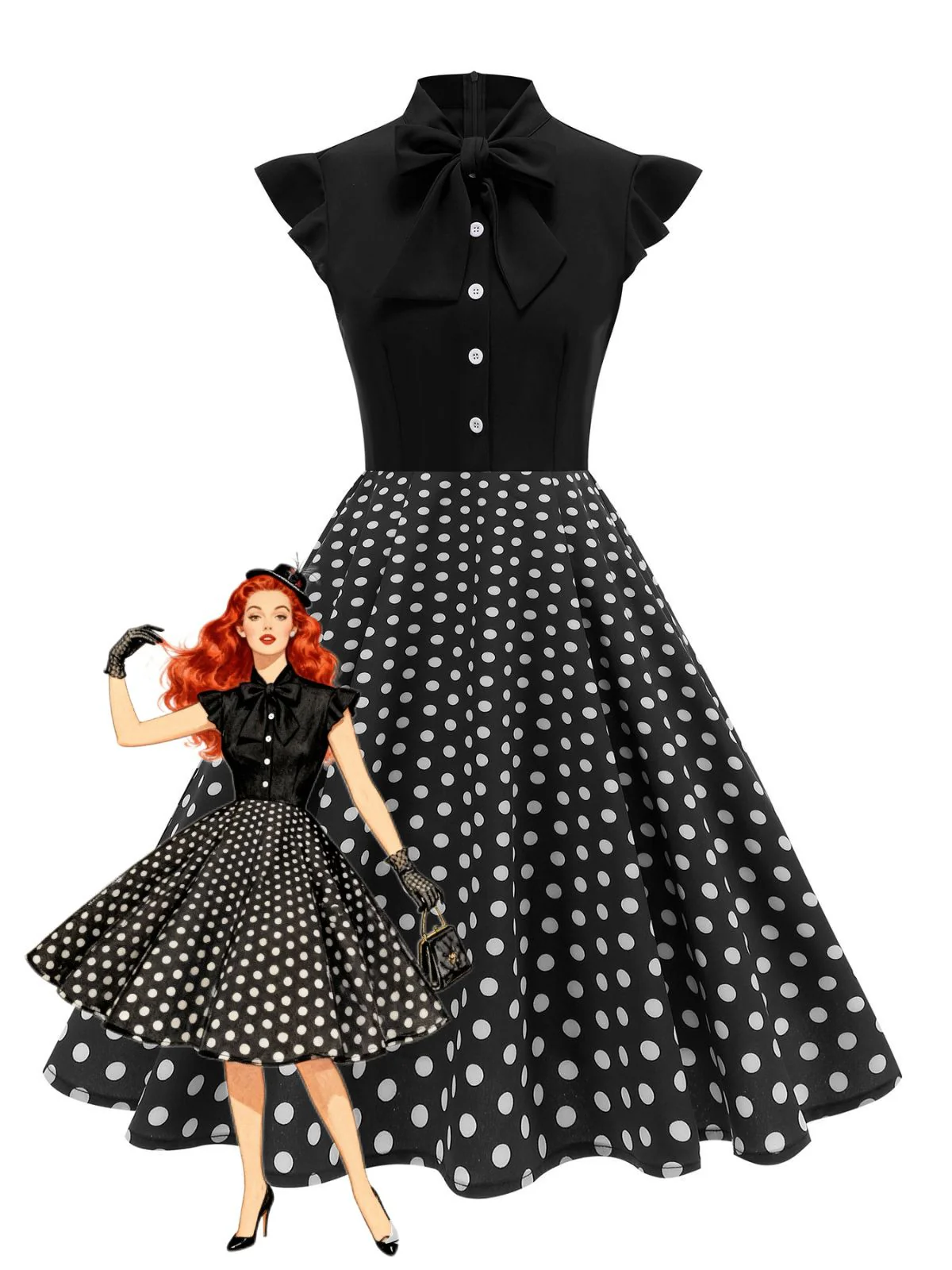 1950s Polka Dot Bow Swing Dress - Image 10