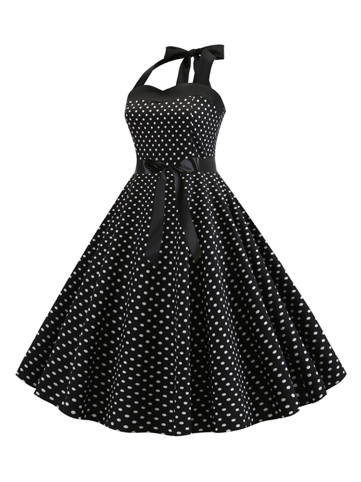 1950s Polka Dot Bow Tie Halter Swing Dress - Image 2