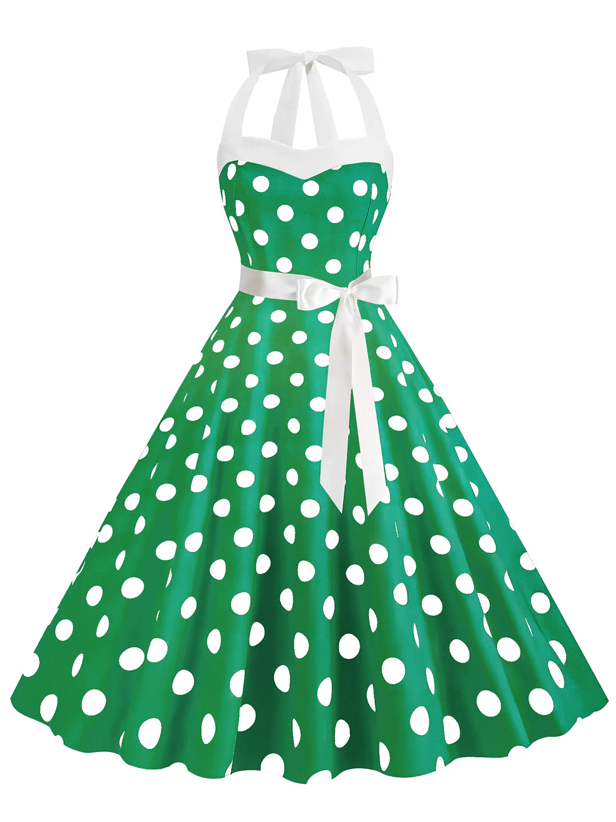 1950s Polka Dot Halter Belt Swing Dress - Image 3