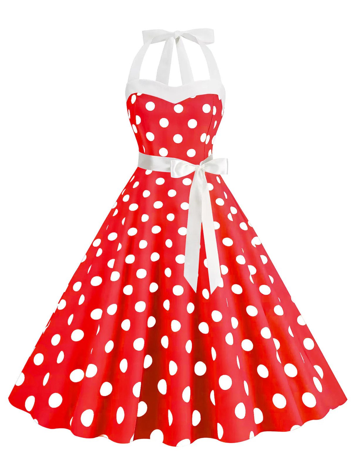 1950s Polka Dot Halter Belt Swing Dress - Image 5