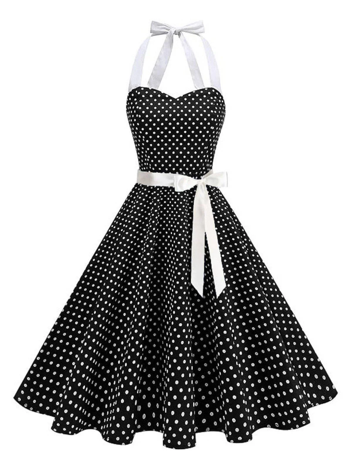 1950s Polka Dot Halter Belted Swing Dress - Image 2