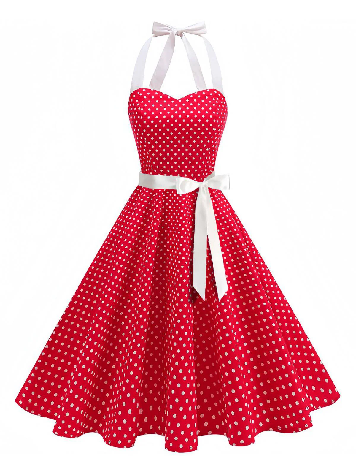 1950s Polka Dot Halter Belted Swing Dress - Image 3