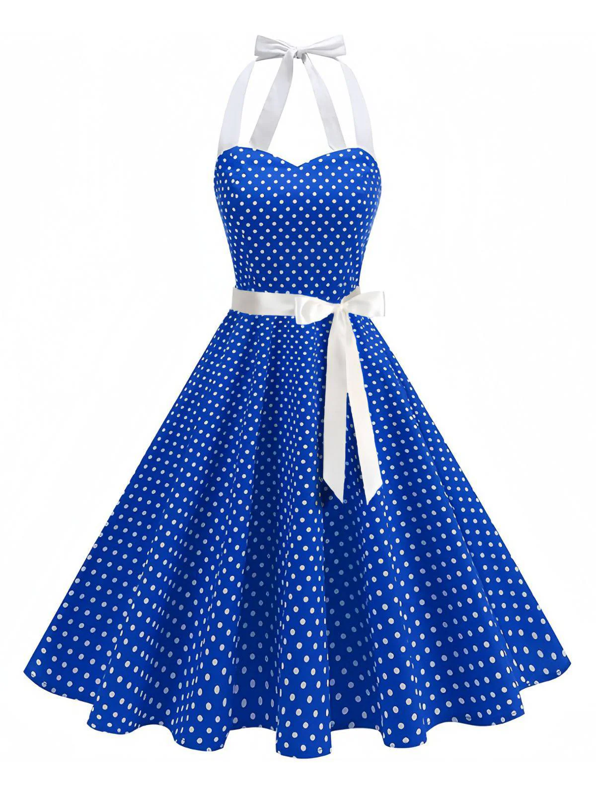 1950s Polka Dot Halter Belted Swing Dress - Image 4