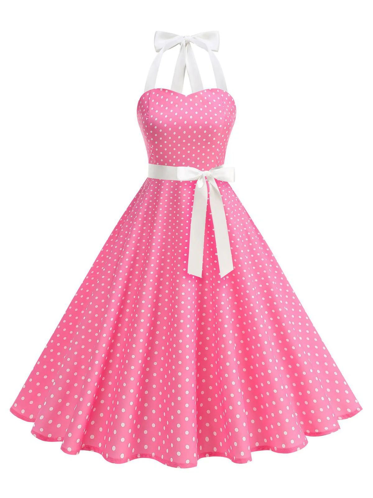 1950s Polka Dot Halter Belted Swing Dress - Image 5
