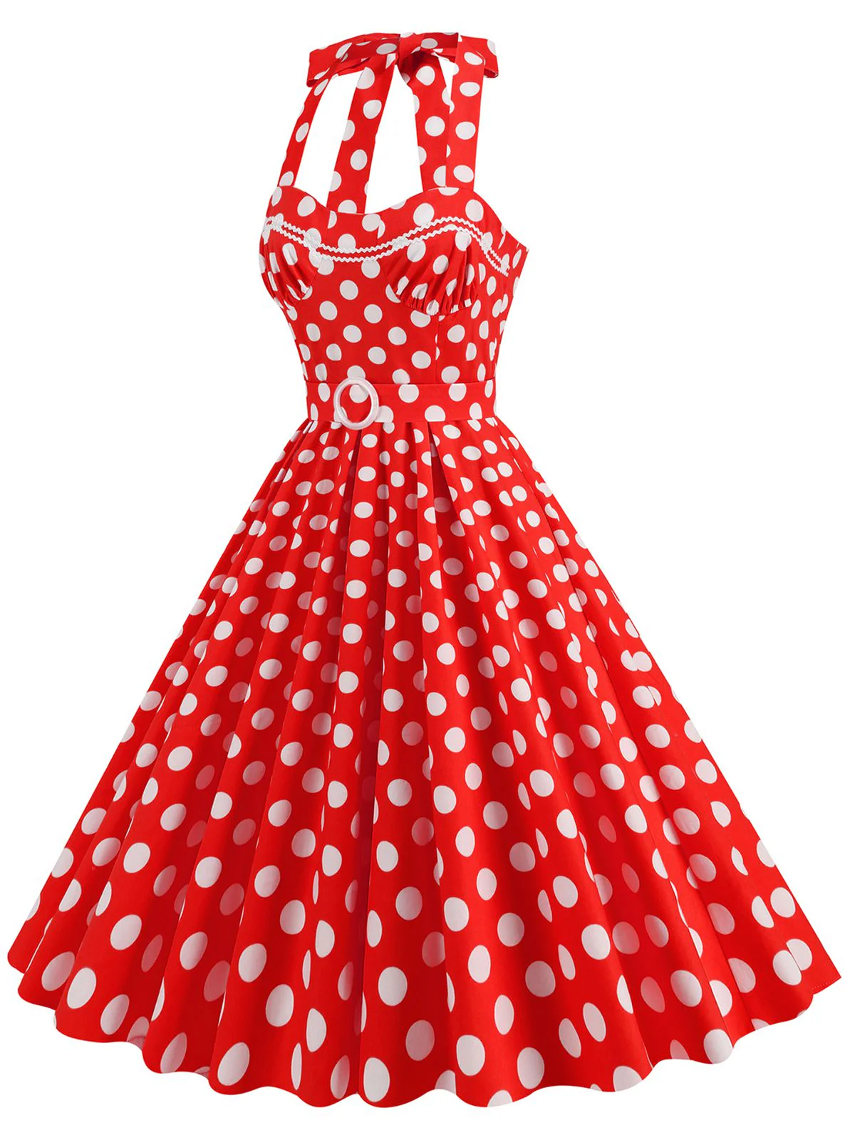 1950s Polka Dot Halter Neck Belt Dress - Image 5
