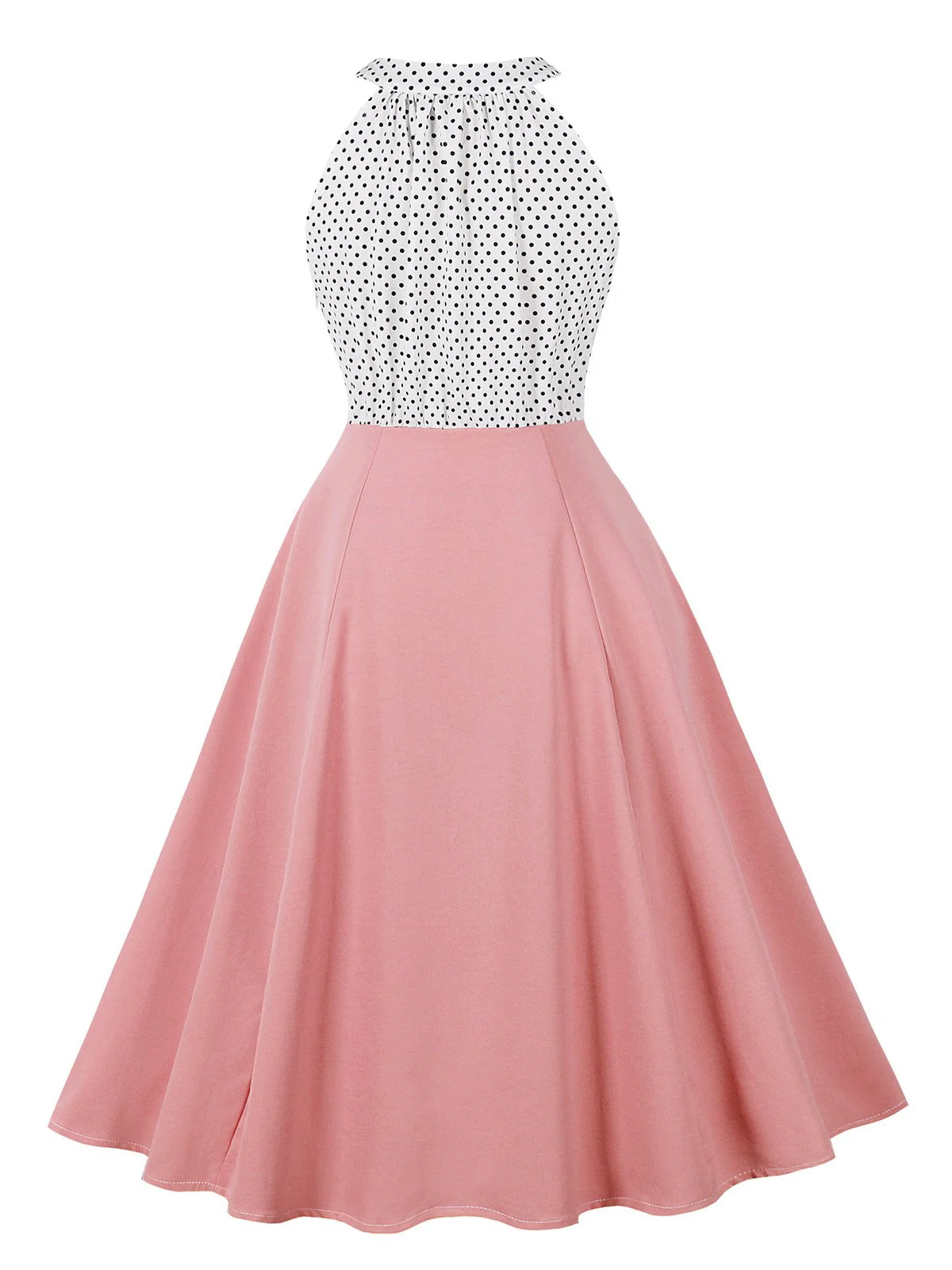 1950s Polka Dot Patchwork Halter Round-Neck Dress - Image 2