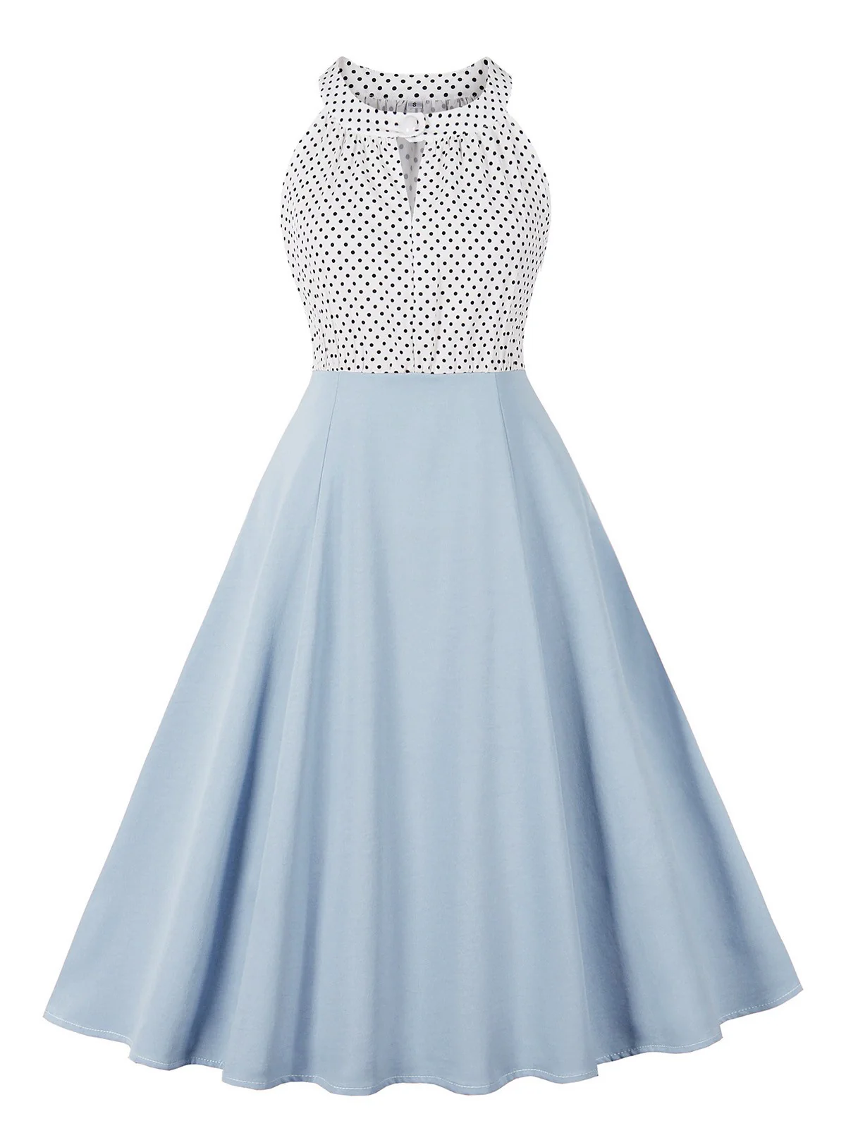 1950s Polka Dot Patchwork Halter Round-Neck Dress - Image 5