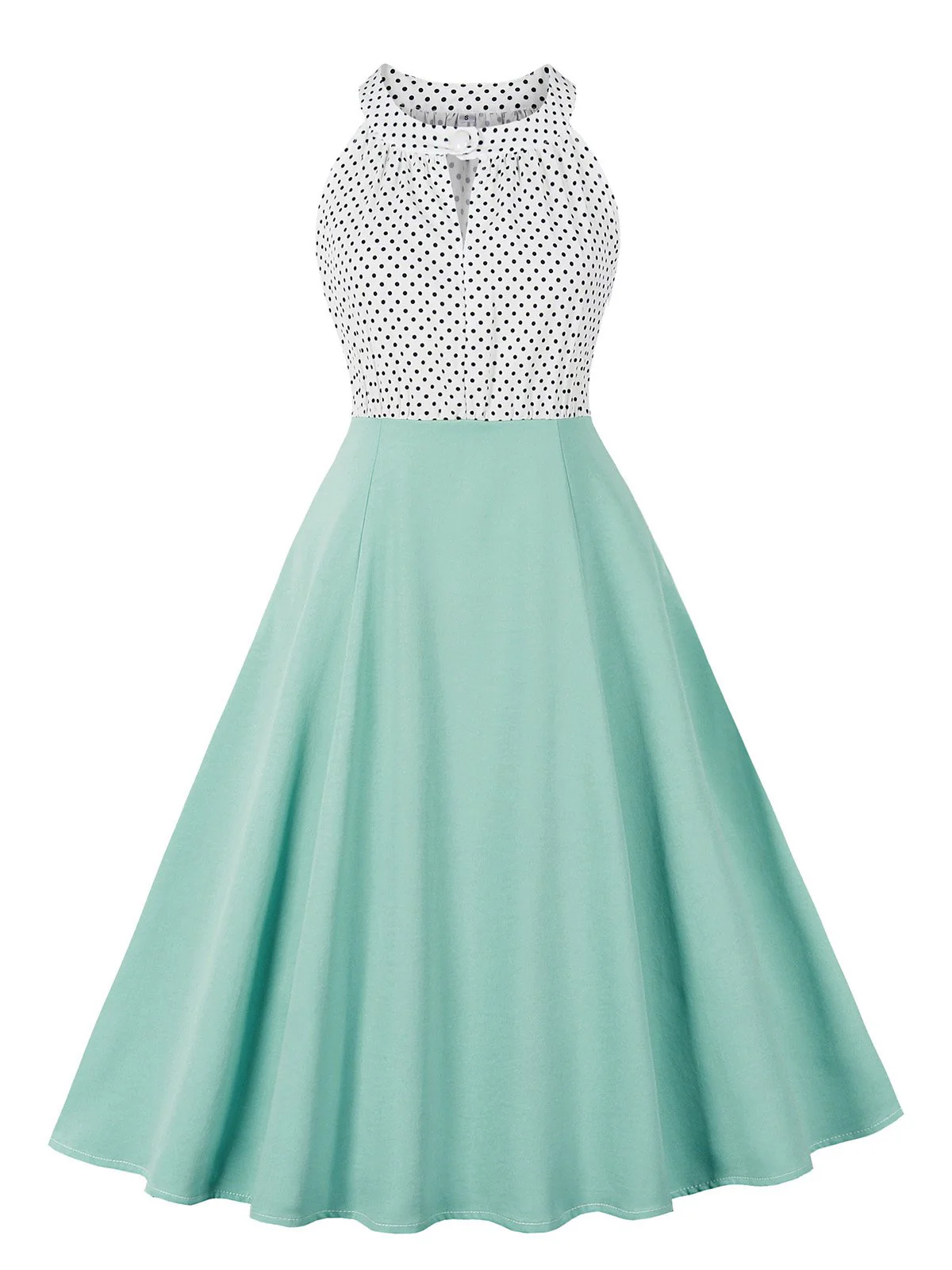 1950s Polka Dot Patchwork Halter Round-Neck Dress - Image 7