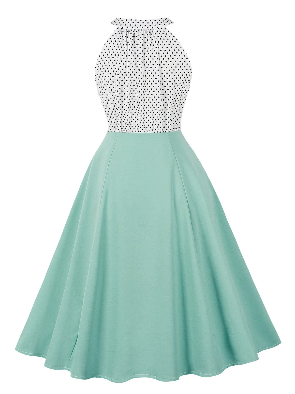1950s Polka Dot Patchwork Halter Round-Neck Dress - Image 8