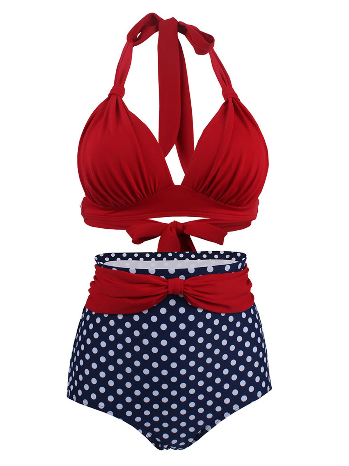 [US Warehouse] 1950s Polka Dot Pleated Halter Bikini - Image 2