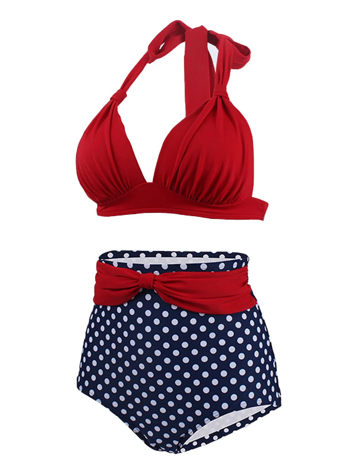 [US Warehouse] 1950s Polka Dot Pleated Halter Bikini - Image 3