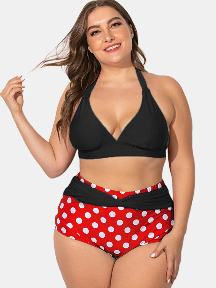[US Warehouse] 1950s Polka Dot Pleated Halter Bikini - Image 8