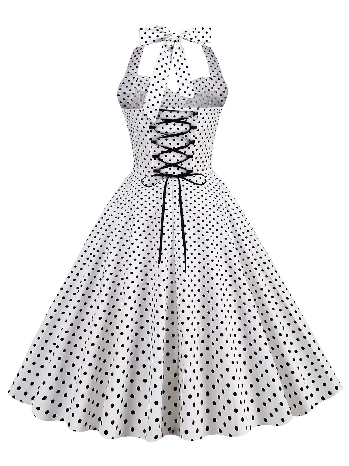 1950s Polka Dots Lace Up Halter Swing Dress - Image 3