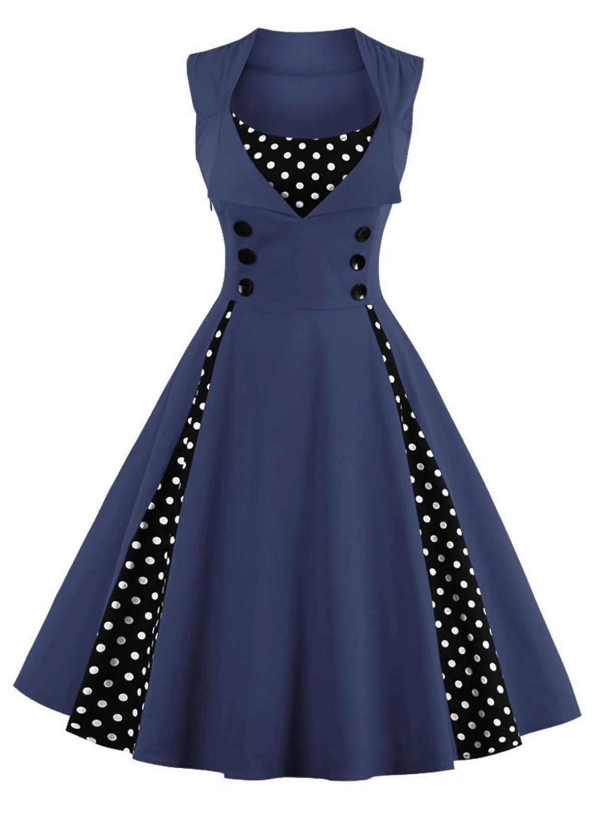 1950s Polka Dots Lapel Patchwork Swing Dress - Image 7