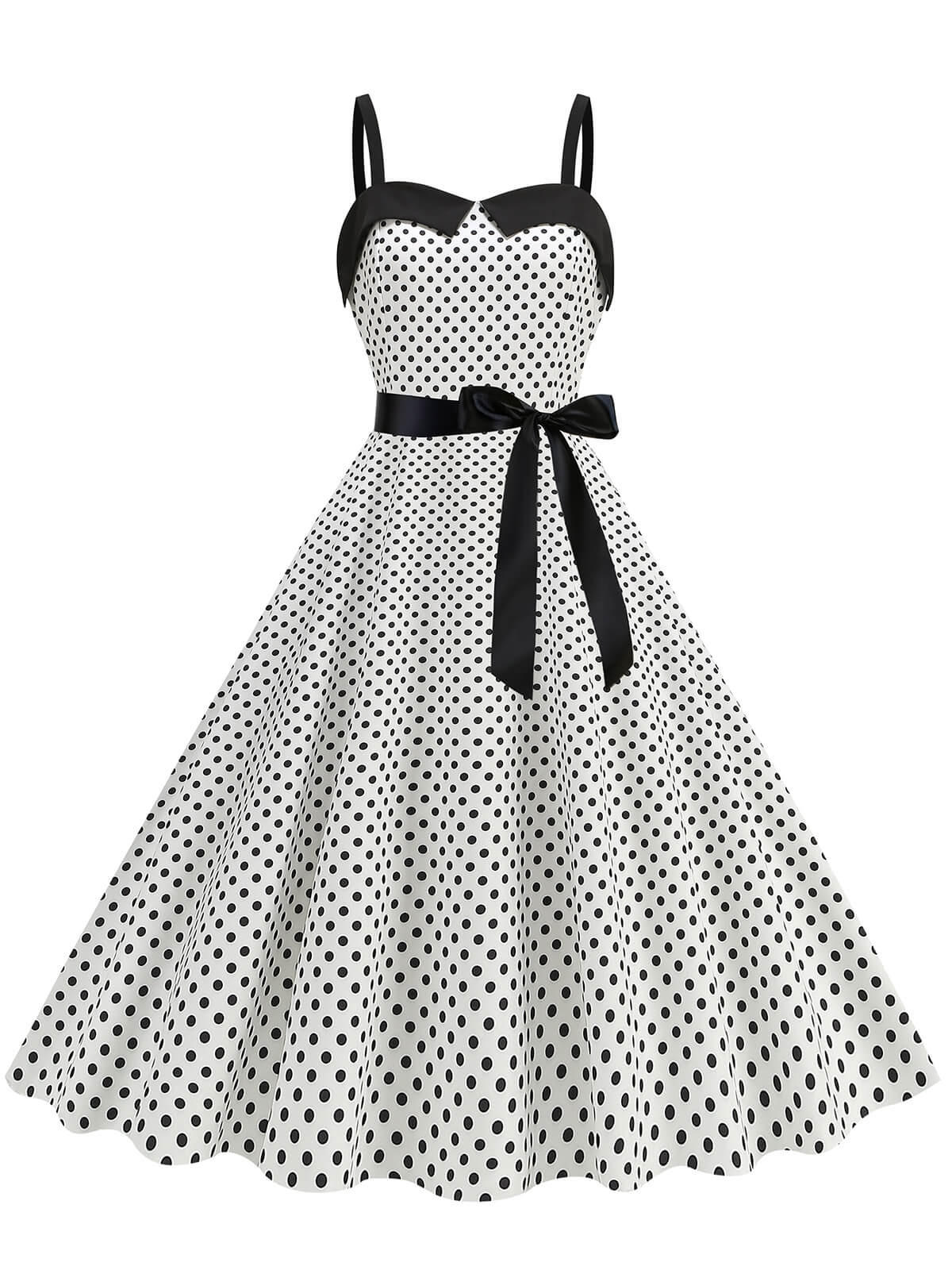 1950s Polka Dots Patchwork Ribbon Strap Dress - Image 5