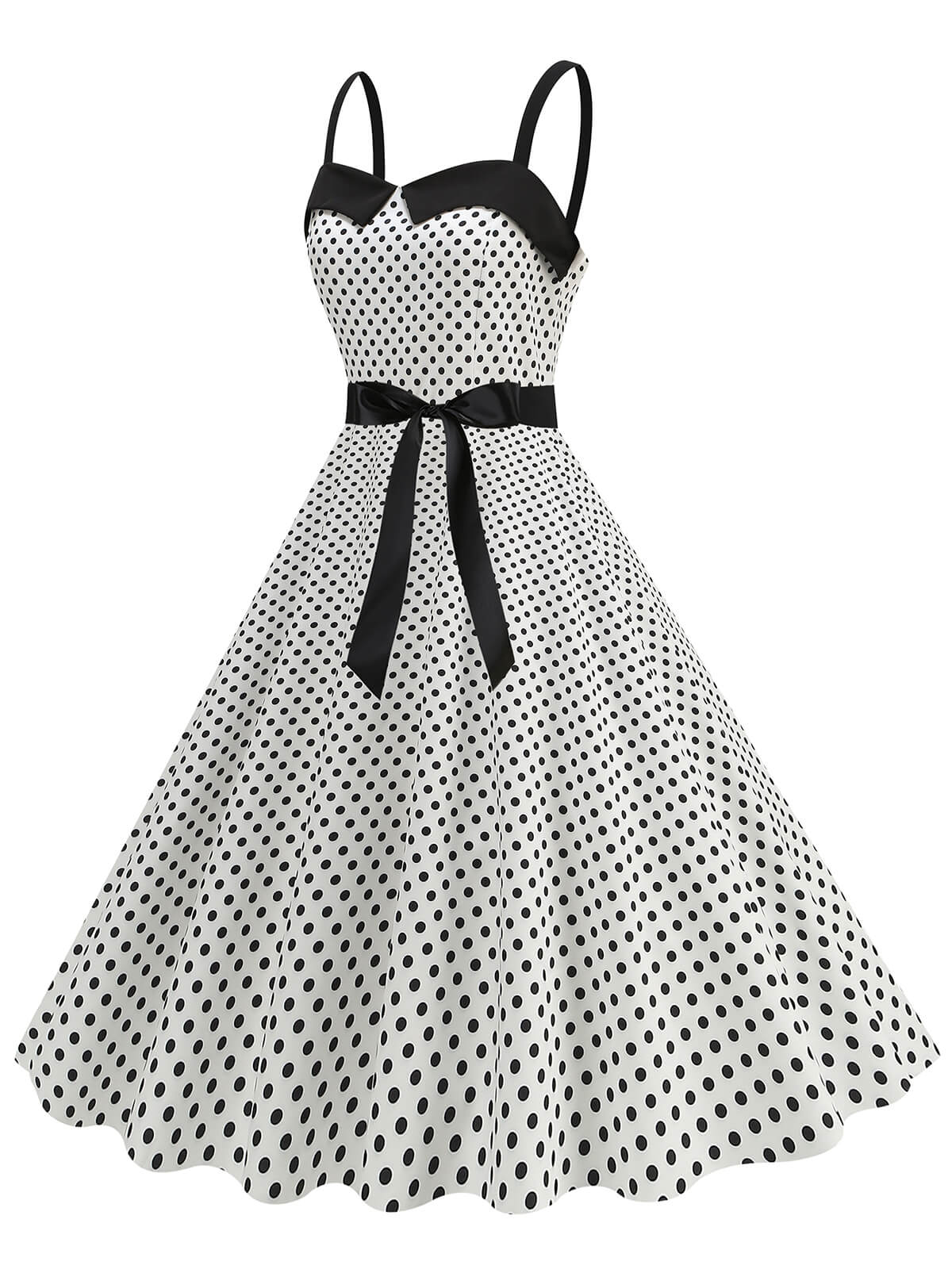 1950s Polka Dots Patchwork Ribbon Strap Dress - Image 7