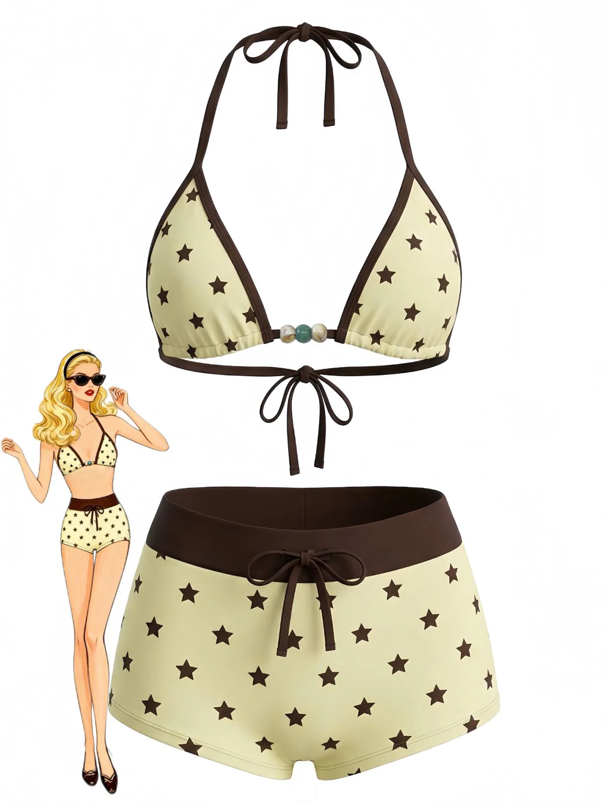 [Pre-Sale] 1950s Polka Dots Tie Halter Beaded Swimwear Set - Image 2