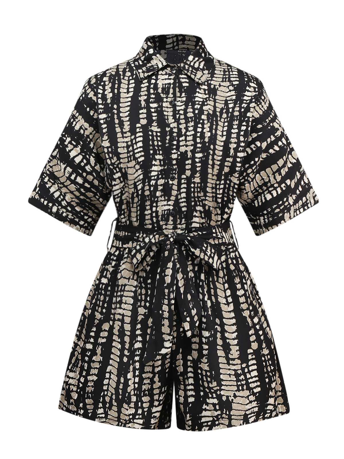 1950s Print Tie Waist Shirt Romper