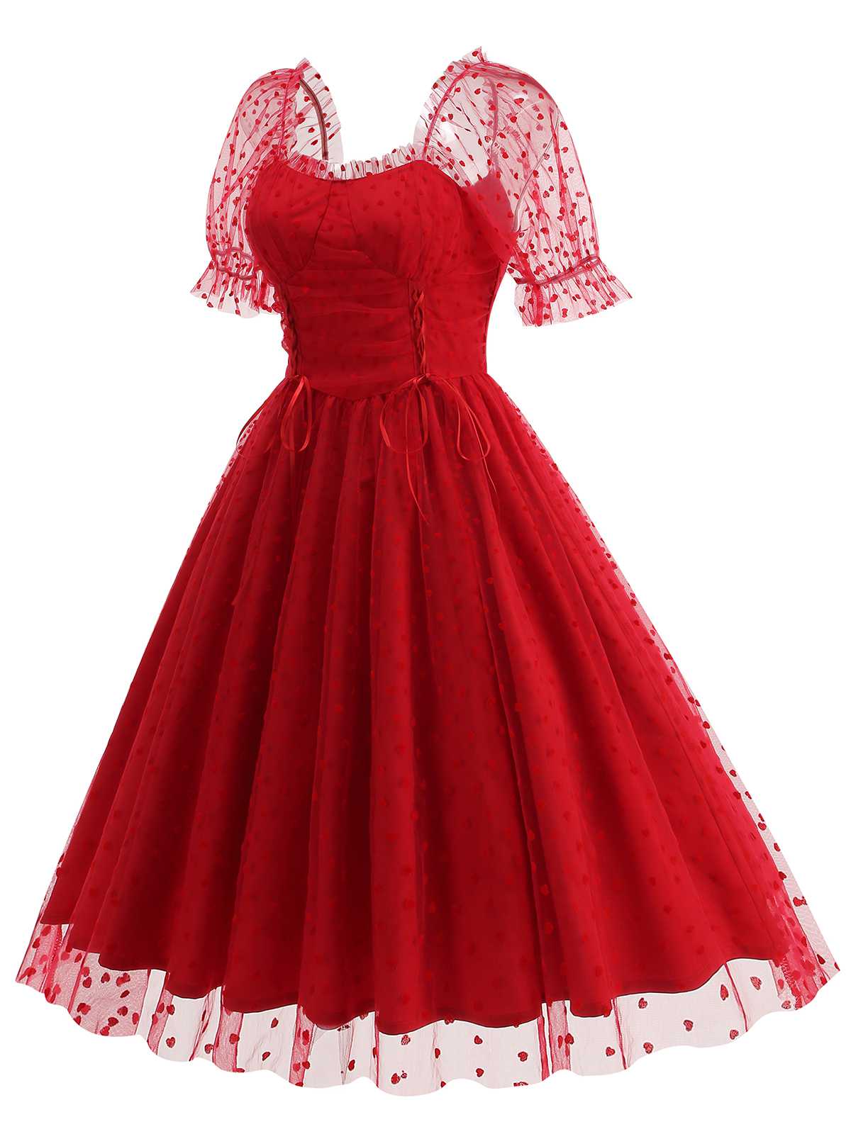 1950s Puff Sleeve Valentine Heart Mesh Dress - Image 10